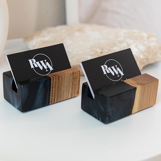 RWA Business Card Holder for Men & Women - Handcrafted Epoxy & Wood, Stylish & Durable Business Card Organizer, Premium Business Card Holders Desk Accessory for Professionals - ELEMENT, black