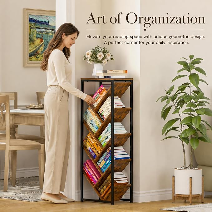 Cutogxon Tree Bookshelf - 9 Tier Floor Standing Tree Book Storage Organizer with Adjustable Feet for Hardcover Books, Vintage Living Room