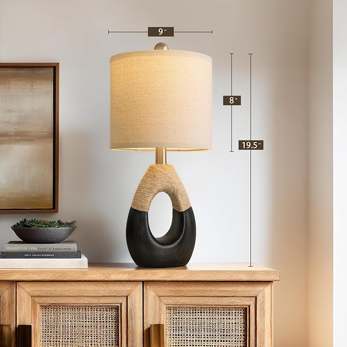 19" Table Lamps Set of 2, Bedside Lamps for Bedroom, Boho Lamps for Living Room, Rustic Lamps for Office, Vintage Design Nightstand Lighting (Bulb Not Included, Black)