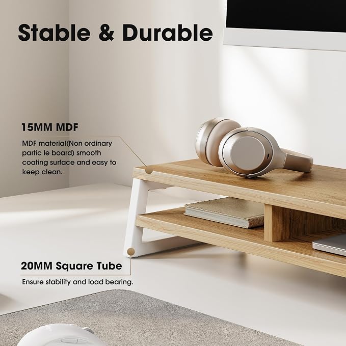 Fenge Dual Monitor Riser for Desk, Open Shelf with 3 Storage Compartments | 42.5in Computer Monitor Stand, 2-Tier Desk Shelf for Top of Desk,One-Piece Panel, fit Ultrawide Monitor, PC, Laptop, Dark Oak