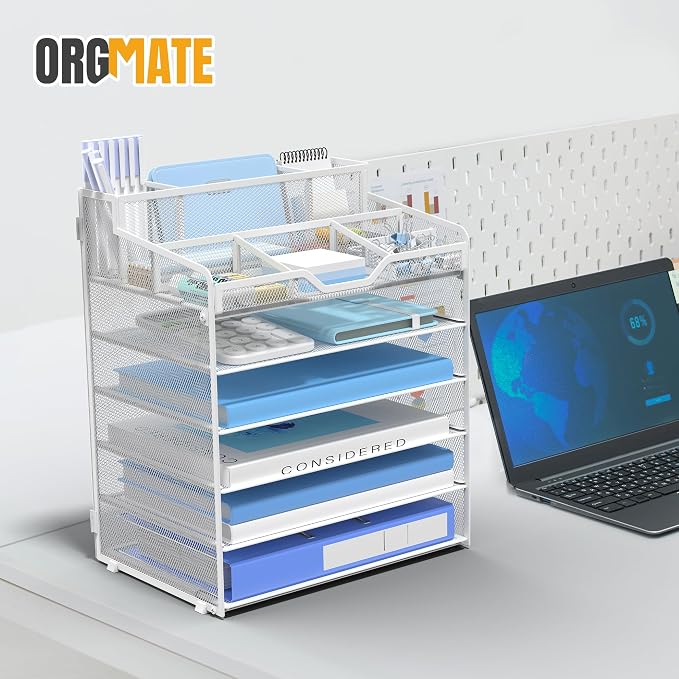 6 Tier Mesh Paper Desk Organizer with Pen Holders, White | Features 3 pen holders, and 5 adjustable compartments for office school home desk storage