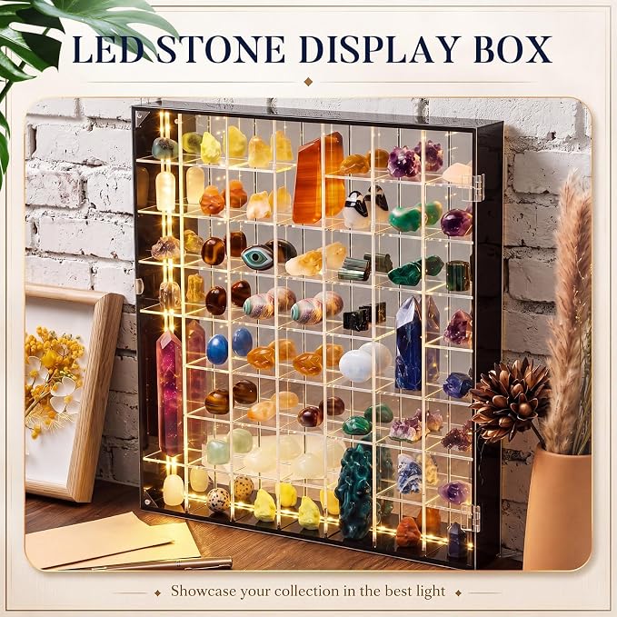 Cinnvoice Rock Display Case 56 Grids,Black Border with LED,Square | Adjustable Acrylic Display Case, Crystal Organizer for Collectible, with Built-in Mirrored, Magnetic Door, Wall Mount