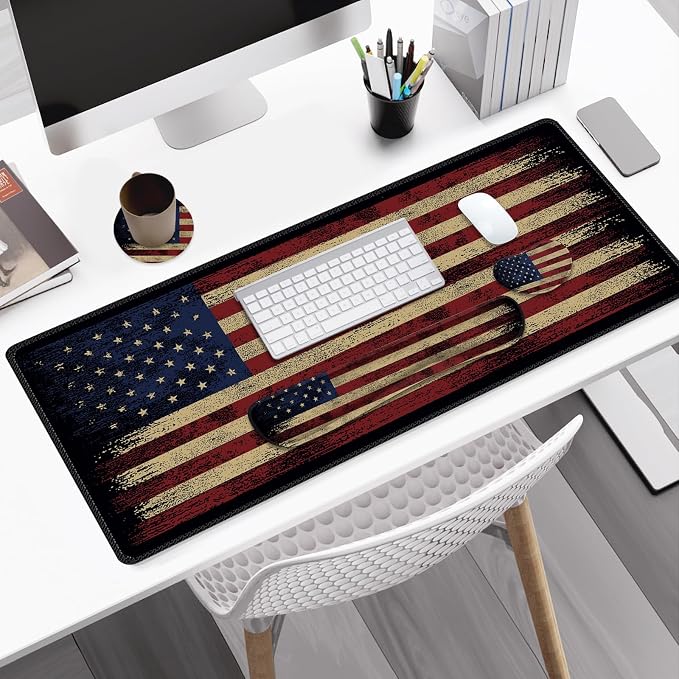 Desk Mat Pad, Gaming Mouse Pad Wrist Support Set, 4 in1 Non-Slip XXL Large Mousepad + Ergonomic Keyboard Wrist Rest+Mouse Wrist Rest+Coaster for Home Office PC Computer I Vintage American Flag