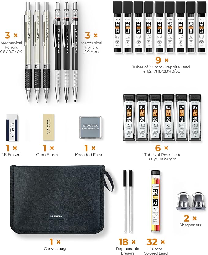 STAGEEK Mechanical Pencil Set with Canvas Bag 30 Count, Drawing Pencils 0.5, 0.7, 0.9MM & 3PCS 2MM Sketching Pencils with 464PCS Lead Refills (6B 4B 2B HB 2H 4H Color) for Artist Drafting Drawing