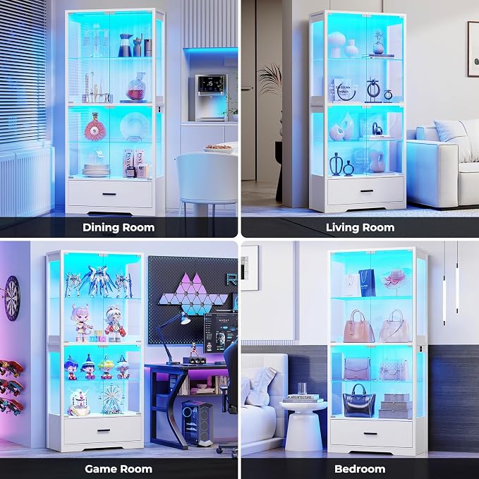 BROTTAR 4-Tier Display Cabinet with Glass Doors and Drawer for Collectibles | Glass Display Case with 3-Color Lights & Human Body Sensor, Curio Cabinets with Adjustable Shelves for Living Room, White
