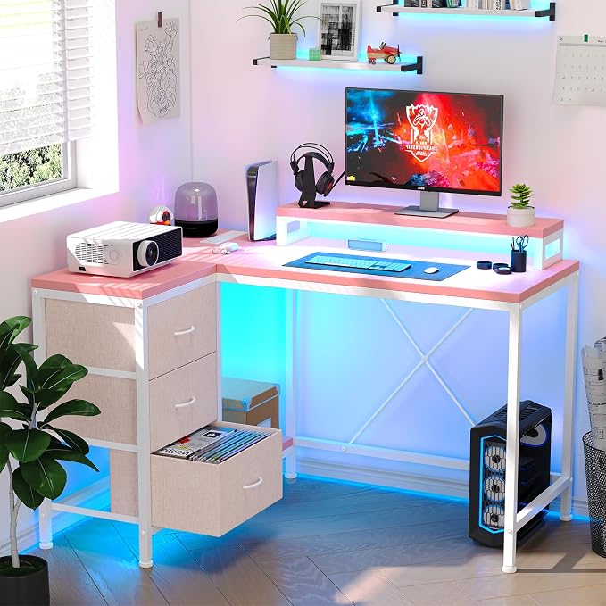 Garvee L-Shaped Computer Desk with Power Outlets & LED Lights - 43-Inch Reversible Corner Gaming Desk with 3 Drawers, Storage Shelves & Removable Monitor Stand, Modern Home Office Desk