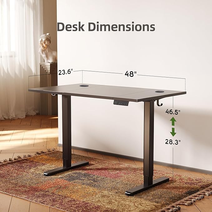 Claiks Electric Height Adjustable Standing Desk, 48x24 Inch, Deep Black | Smooth Height Adjustment, 3 Memory Presets, Cable management hub & hook, Stable Steel Frame, 156 lbs Capacity, Easy Assembly