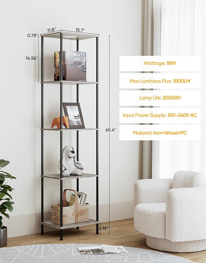 Display Shelf with RGBW Light, Color Changing Curio Cabinet Floor Lamp with Shelves Corner Standing Column Lamp Etagere Organizer Tower Nightstand Bookcase for Living Room Bedroom Office Décor, Gray
