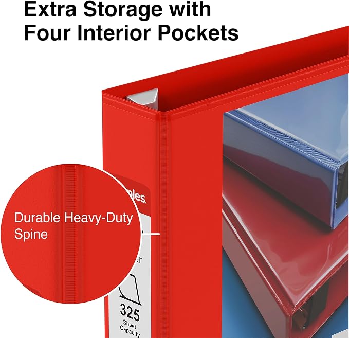 Staples Heavy Duty 1 1/2" 3-Ring View Binder, D-Ring, Red, 4/Pack