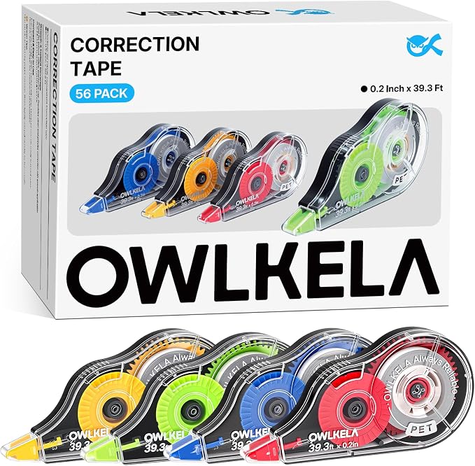 OWLKELA 56Pcs Correction Tape, 39.3 Ft, Colored core