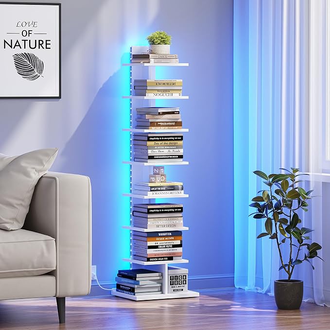 TUTOTAK Book Shelf, Narrow Spine Bookshelf, 8-Tier Bookcase with LED Lights | 10.4 x 13.4 x 47.5 Inches Vertical Freestanding Corner Shelf for Living Room, Office, Small Space, White BS06BW008L