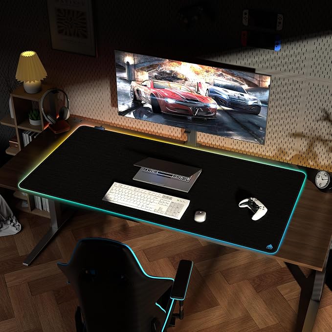 Cacoy 55"x27.5" Giant RGB Gaming Mouse Pad, Extra Large LED Desk Mat, Black | Extended Computer Keyboard Mouse Mat with 9 LED Light Modes Stitched Edge Non-Slip Rubber Base Oversized Desk Pad for Desktop