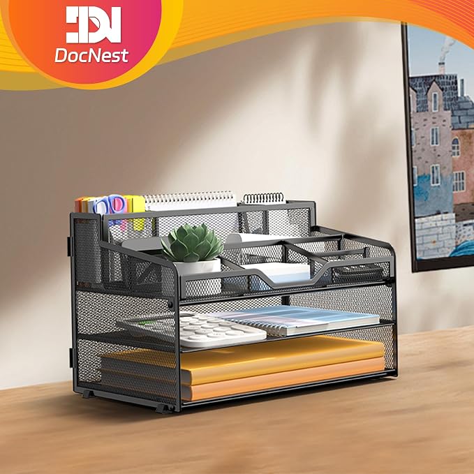 Docnest 3 Tier Mesh Desk Organizer with Letter Tray & Paper Sorter, Black | Features 3 built-in pen holders & 5 adjustable compartments on top. Includes 4 non-slip rubber feet for desk protection