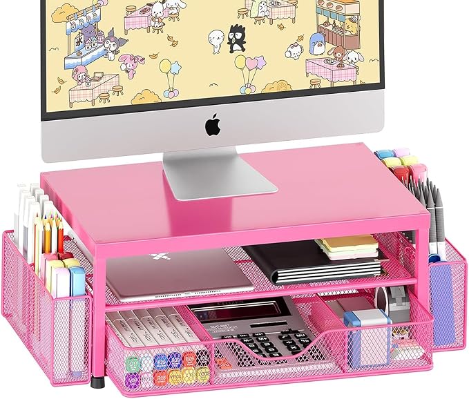 Desk Organizers and Accessories, Computer Monitor Stand Riser with Drawer and 2 Pen Holders, Printer & Laptop Stand, Office Desk Accessories & Workspace Organizers for Home Office Supplies, Carmine Rose