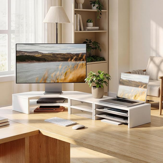 Fenge Dual Monitor Stand, Corner Desk Shelf with Drawer & Slide-Out Tray | Modular Design for Flexible Layouts, 2-Tier Storage Desktop Organizer for Computer, Laptop, Printer and Telephone