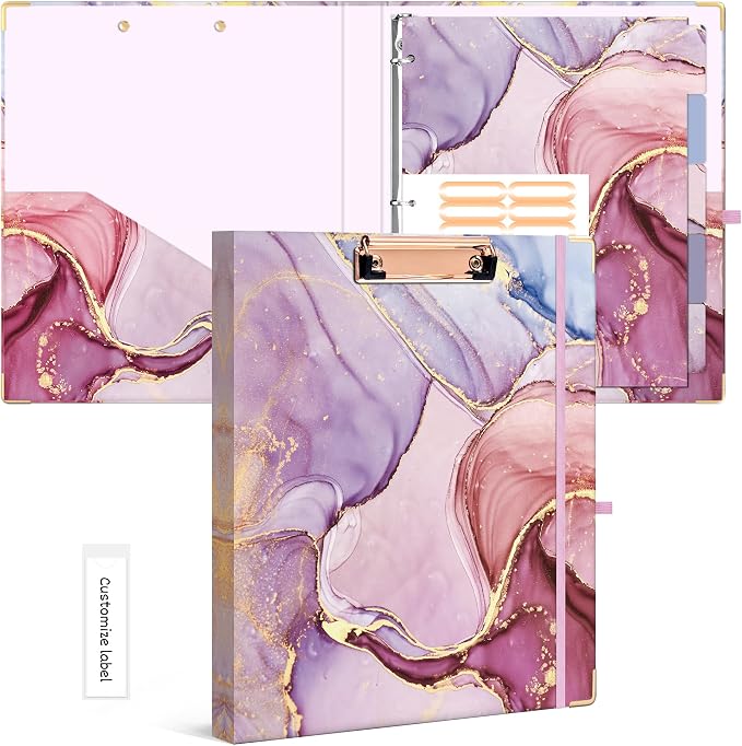 Ospelelf 3 Ring Binder, 1/2 Inch, Pink Marble, Letter Size (11" x 8.5"), 5 Tab Dividers, File Folder Labels, Low Profile Clipboards