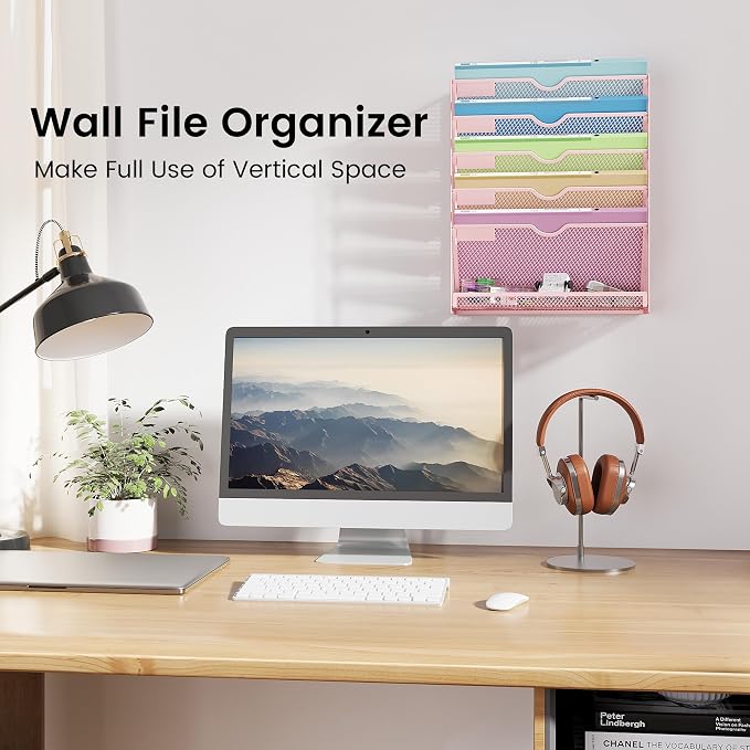 Pink Desk Organizer, Hanging Wall File Organizer with 6 Tiers | Metal Mesh Magazine & Mail Holder for Office Desk, Wall Mount Document Organizer for Home Decor