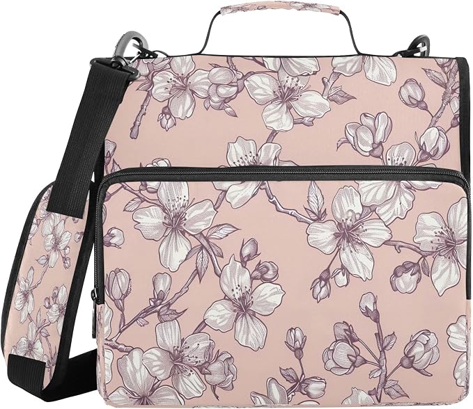 3 Ring Zipper Binder Cherry Blossoms Binder Organizer Portfolio with File and Shoulder Strap & Handle Large Capacity File Folder