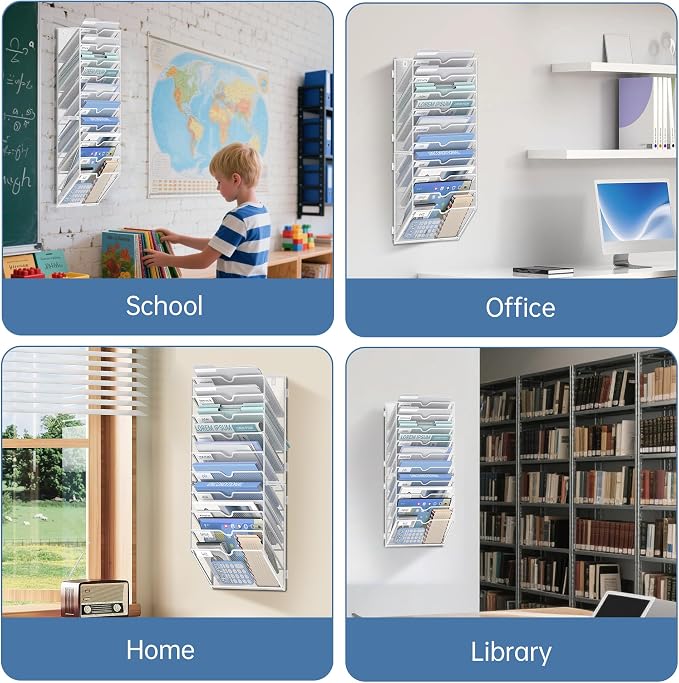 10-Tier Wall File Organizer and Hanging File Organizer, White | Wall Organizer and Wall Mounted File Holder with 14 Pockets and Label Panels for Files, Mail, Folders, Magazines and Paper