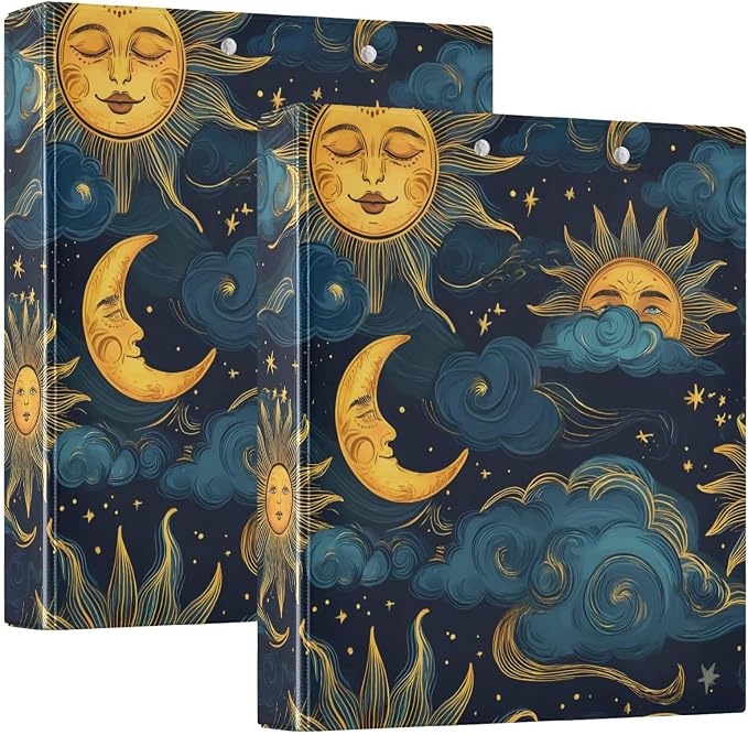 Moon Sun Galaxy Astrology 3 Ring Binder with 2 Interior Pockets 1.5 inch Binders 3 Ring Heavy Duty Fit 8.5" x 11" Letter Size for Office School, 2 Pack