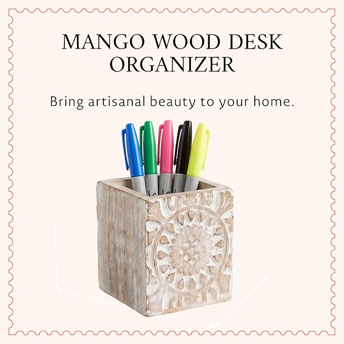 Serena Mango Wood Pen Holder - Whitewash, 4x3.5 in | Cute wooden pencil cup layout curated specifically to provide quick home desk organization and rustic office decor styling.