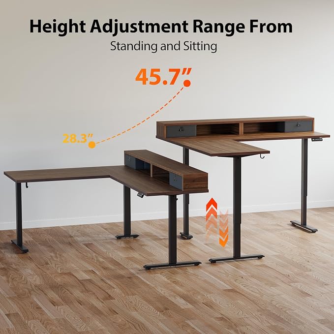 Agilestic 63 Inch L Shaped Electric Standing Desk with Drawer, Dark Walnut | 2 Stroage Drawers, Monitor Shelf, Corner Desk, Ample Workspace, Memory Presets, Hooks, Stable Steel Frame,176 lbs