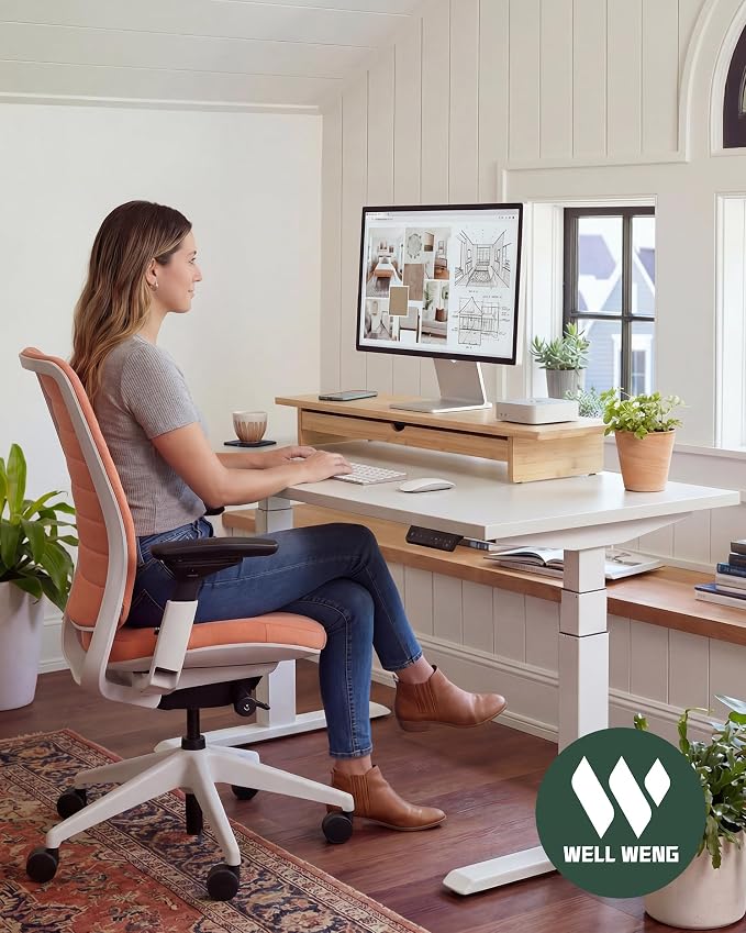 42" Dual Monitor Stand Riser with Large Drawer Keyboard Storage | Double Computer Monitor Riser Shelf for 55-72 Inch Desk Aesthetic Workplace Setup Desktop Organizer Bamboo