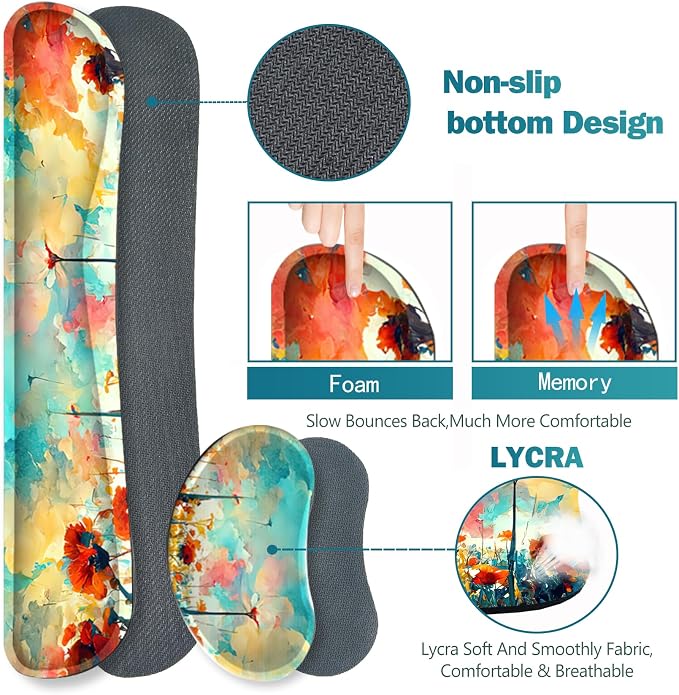 Gaming Mouse Pad Wrist Support Set, XXL Large Desk Mat Mousepad + Keyboard Wrist Support+ Mouse Wrist Rest+Coaster 4in1 Ergonomic, Stitched Edge for Home Office -Oil Painting Flowers Plants