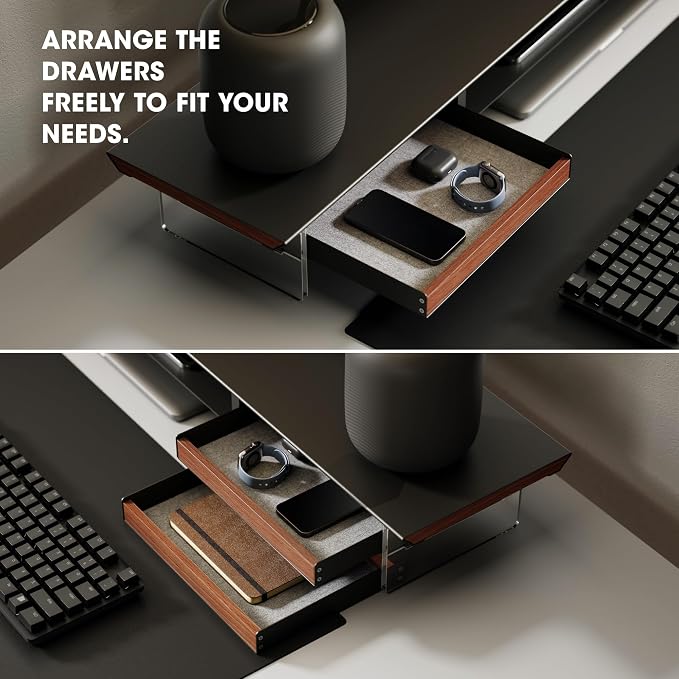 Fenge 42.5-Inch Monitor Stand with 2 Flexible Drawers, Black | Metal Shelf, Solid Wood Accents, Clear Acrylic Legs, Modern Desktop Organizer for Dual Monitors, Laptop & Printer