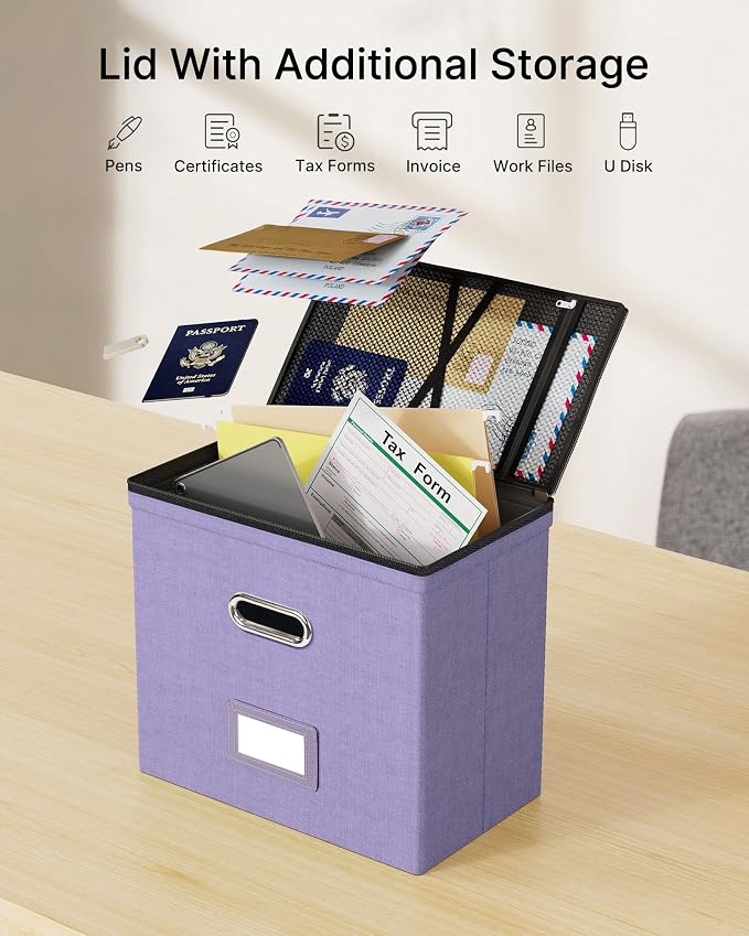 Oterri File Box Small 2-Pack Mesh Pockets Hanging Organizer for Letter-Size | Dustproof Lid. 3 Mesh Pockets. Collapsible Scratch-Resistant GRS Linen. Slide Rails. Office, Home, Dorm