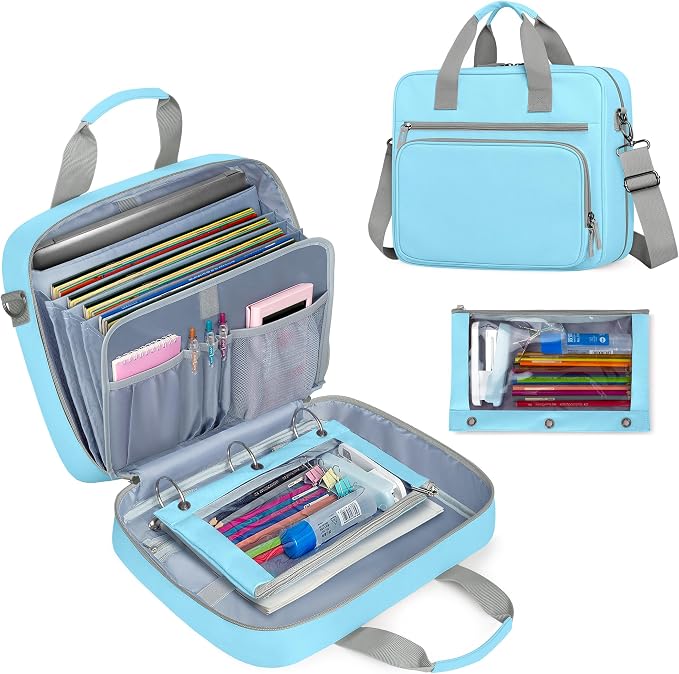 Yarwo 2026 Upgraded Zipper Binder 3 Ring Binder Bag with Pencil Pouch | 500 Sheets Capacity, 5-Tab Expanding File Folder, 14” Laptop Padded Sleeve, Shoulder Strap, for College, Office, Home, Blue
