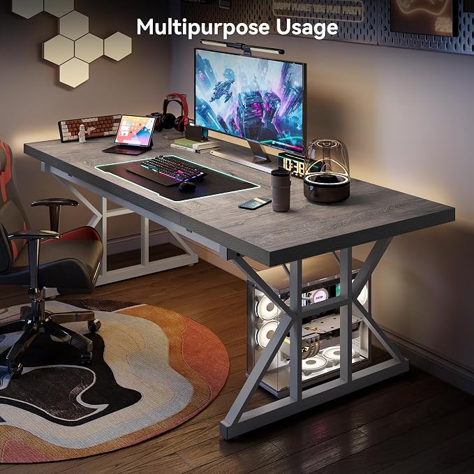 LITTLE TREE 70.8-Inch Large Executive Desk, Modern Computer Office Desk, Wooden Writing Desk Study Table for Home Office, Grey-White