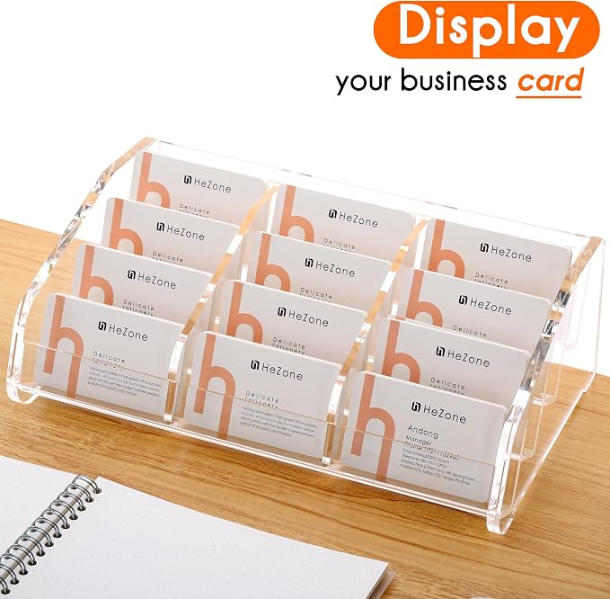 HeZone Business Card Holder Display for Desk Muitiple, Clear Acrylic Business card Stand Rack for Women and Men 12 slots 4Tier, Organize 600 cards (12 Slots