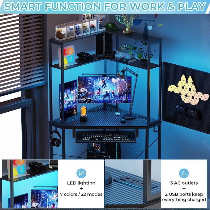 Corner Desk with Hutch and LED Light, Keyboard Tray, Carbon Black