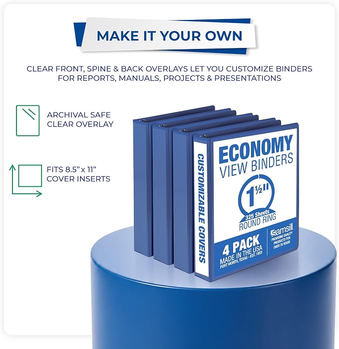 Samsill 1.5 Inch 3 Ring Binders, Economy Round Ring, Clear View Cover, 325 Sheet Capacity - for School, Home, Office - Blue, 4 Pack