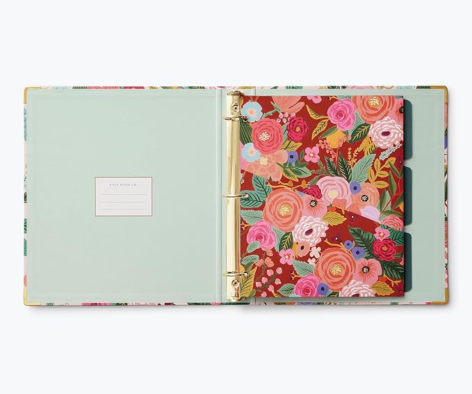RIFLE PAPER CO. Garen Party Classic Binder w/Soft-Touch Illustrated Cover | 1" 3-Ring Binder, Holds 175 Pages, 3 Tabbed Dividers, Double-Sided Pocket Folder, 6 Adhesive Labels, Reinforced Metal Corners