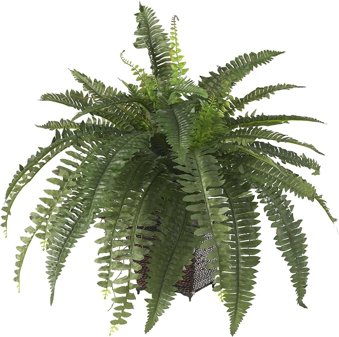 Nearly Natural 23 in Artificial Boston Fern with Wicker Basket | Lush Green Leaves with Twigs, Decorative Wood Wicker Basket, Ideal for Home or Office Decor