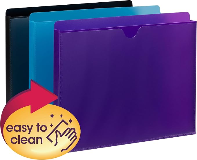 Smead Poly File Jacket with Clear Sleeve, Straight-Cut Tab, 1" Expansion, Letter Size, Assorted Colors, 6 per Pack (89612)