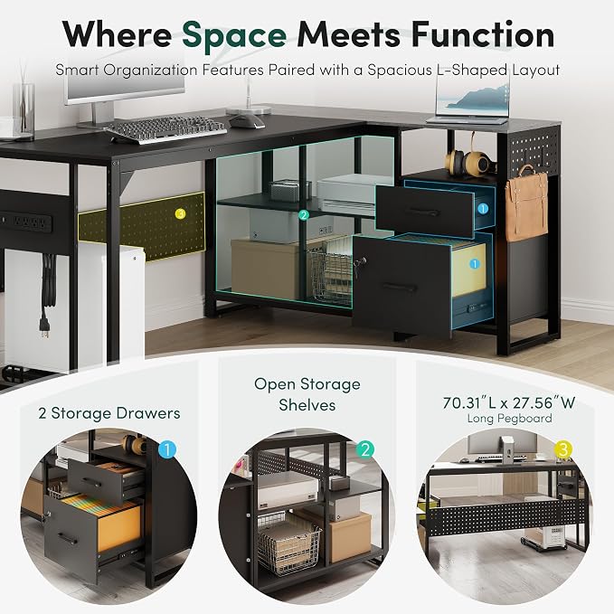 MALOL 70.3" Reversible L-Shaped Office Desk with Power Outlet Computer Desk | Large Executive Desk with Locked File Drawers & Storage Shelves, Pegboard, Mobile CPU Stand, Modern Corner Desk, Grey