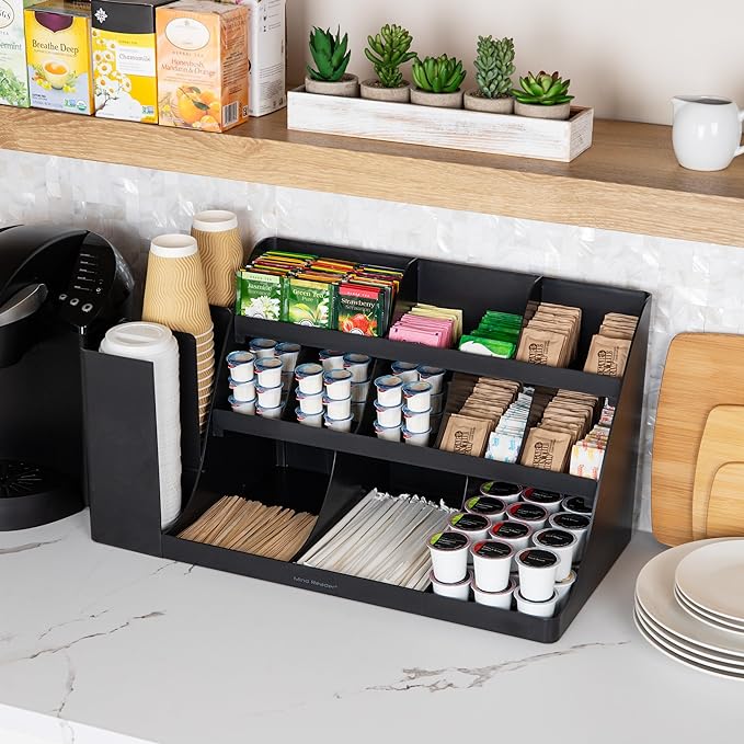 Mind Reader Large Cup and Condiment Station, 14-Compartment Countertop Coffee Organizer for Cups, Lids, Condiments and Supplies, Black