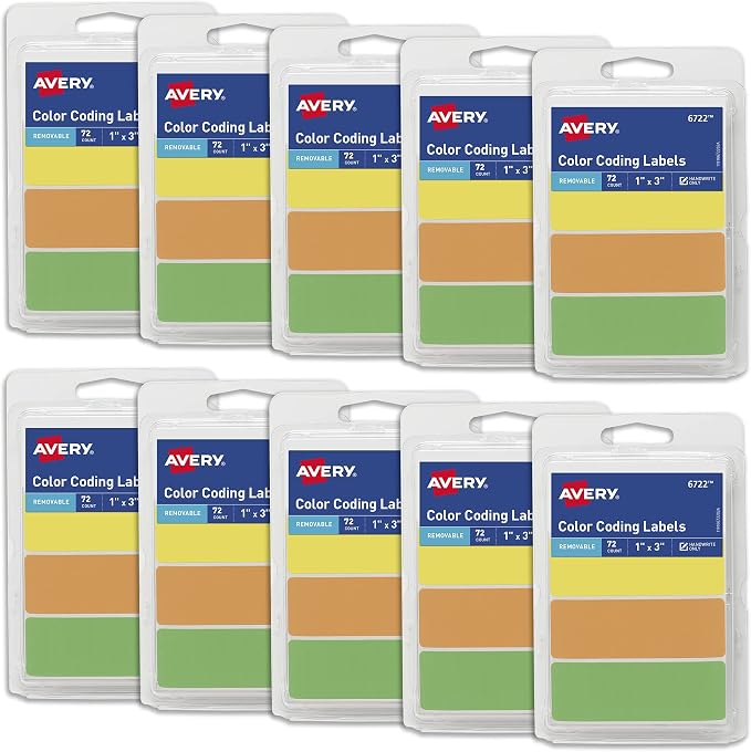 Avery Removable Color-Coding Stickers, 72 Per Pack, 10 Packs Assorted Colors, 720 Total (06722)