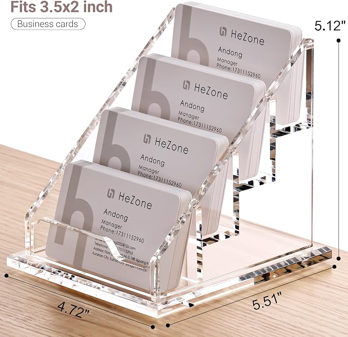 HeZone Acrylic Card Holder Clear Horizontal Business Card Organizer Stand for Desk 4 Slots 4 Tier Business Cards Stand for Women and Men,Office Desk Accessories,Organize 200 Cards-1 Pack(4Slots-H)