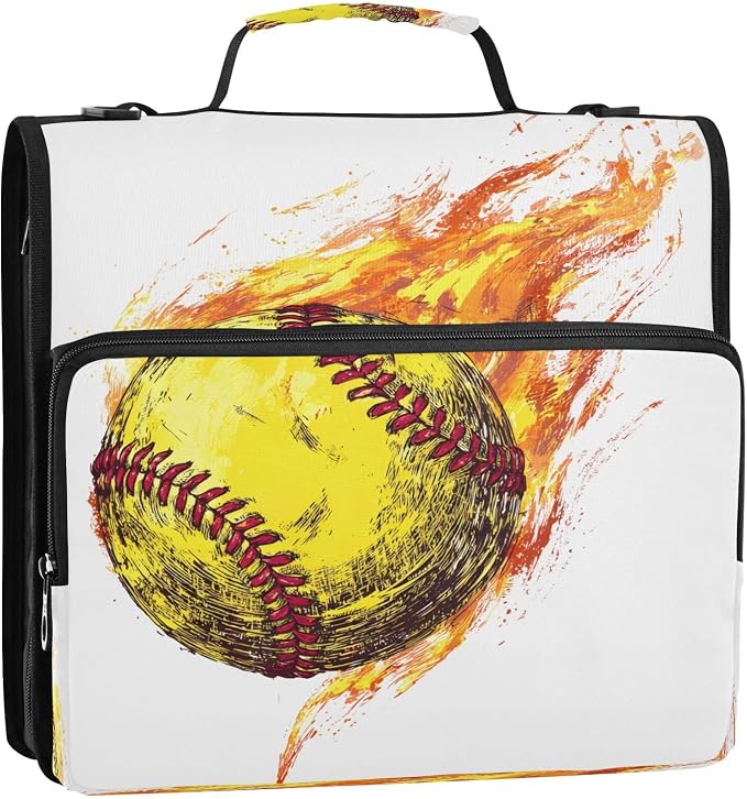 ALAZA Zipper Binder 3 Ring Softball Fire Ball Binder Organizer with Zipper and Shoulder Strap Large Capacity Multi-Pocket Trapper Keeper File Folder for Office Supplies