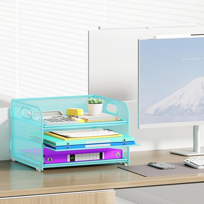 Cawukege 2 Pack 3 Tier Paper Organizer with Handle, Metal Desk Organizer Mesh Paper Letter Tray Desktop File Folder Document Sorter for Classroom, School, Office Accessories Storage (2, Blue)