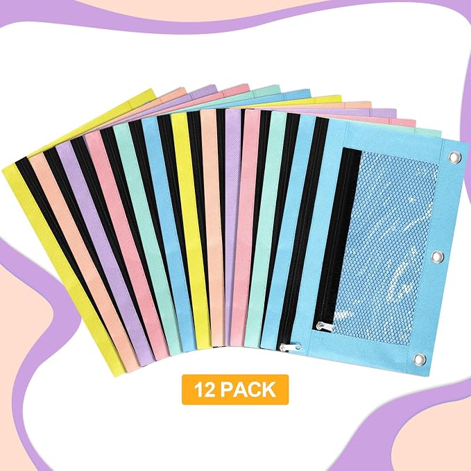 Kosiz 12 Pcs Pencil Pouch, 3 Ring Binder Pencil Pouch, 2 Layer Zipper Pencil Case with Mesh Window, Wear Resistant Oxford Fabric, Multicolored for Student Teacher (Macaron Color)