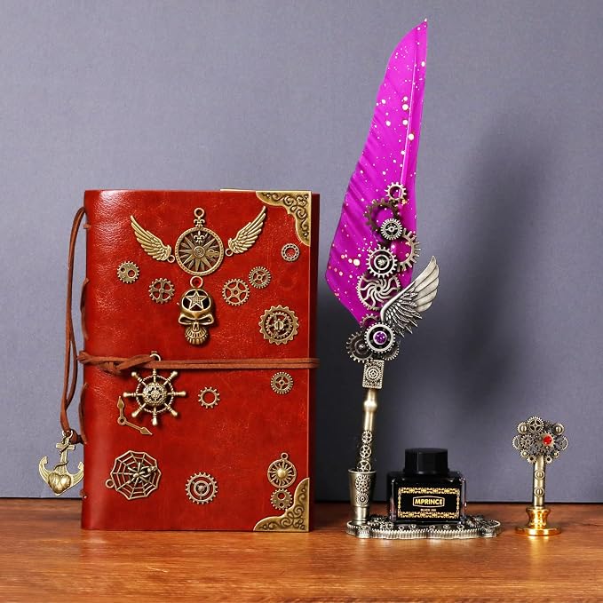 Aifeiter Quill Pen and Ink Set With Quill and 5 Replaceable Nibs,Seal Stamp,Spoon,Wax Beads,White Wax,Pen Holder, Cup,Envelope,Letter Paper,Envelope Tool(purple)