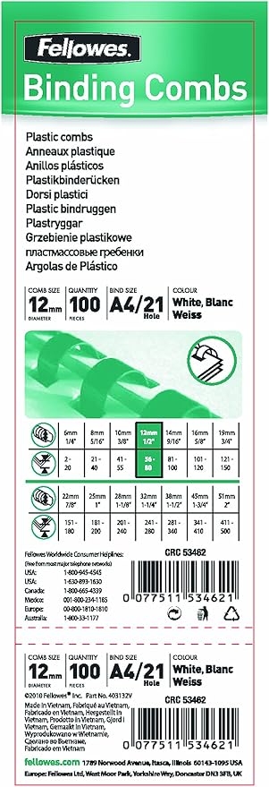 Fellowes A4 12 mm Plastic Binding Combs for Comb Binding Machine, Binds 56 to 80 Pages, White, Pack of 100