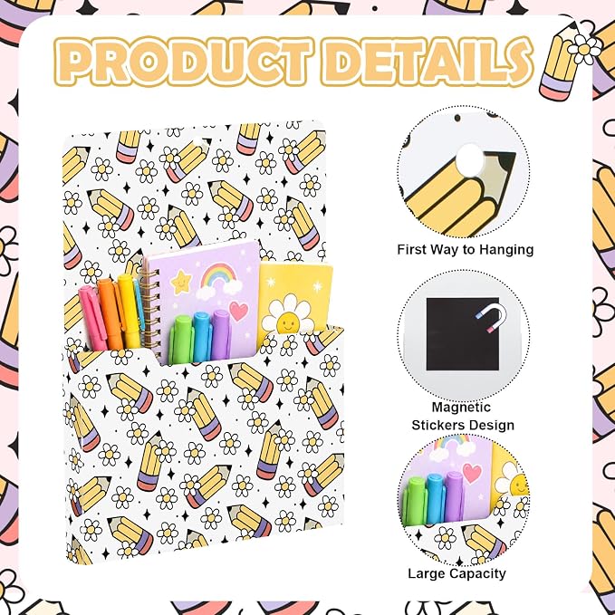 Gilprop 2 Pcs Pencil Flower Magnetic File Folder Holder Pocket File Organizer Classroom Decor Teacher Desk Accessories for Whiteboard Mail Paper Book No Drilling School Desk Door Classroom Essential