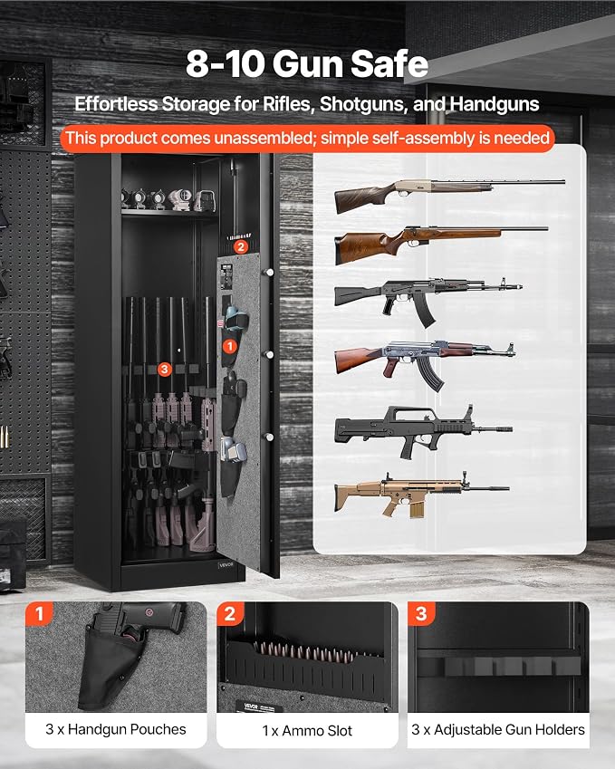 VEVOR 8-10 Gun Safe, Long Gun Cabinet for Rifles and Pistols, Quick Access Rifle Safe with 3 Pistol Pockets and Adjustable Racks, Digital Cabinet with Fingerprint and Password Lock(Assembly Required)