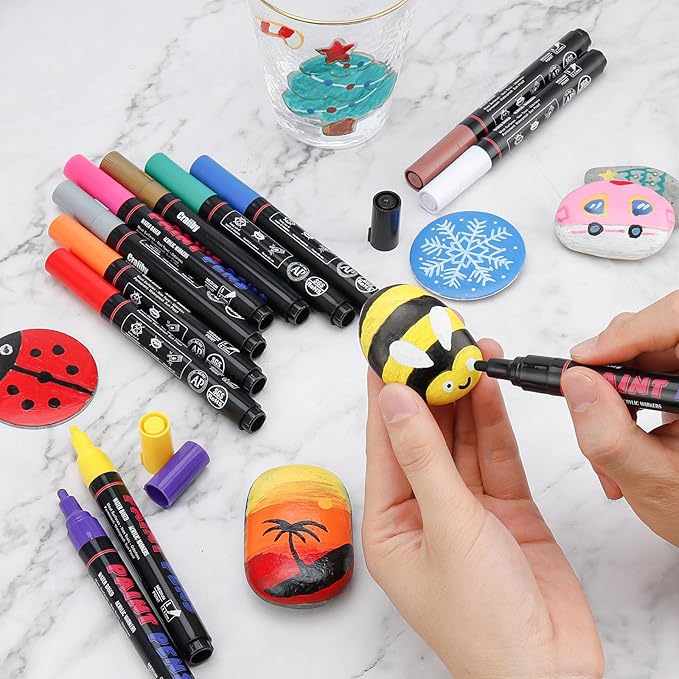 Craiiby Red Paint Pens Paint Markers - 12 Pack Permanent Quick Dry Waterproof Marker Pens for Rocks Wood Fabric Plastic Canvas Glass Mugs Metal Tire Stone